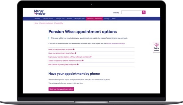 Image of Pensionwise appointment options page